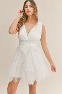 Kara White Pearl Tulle Mini Dress