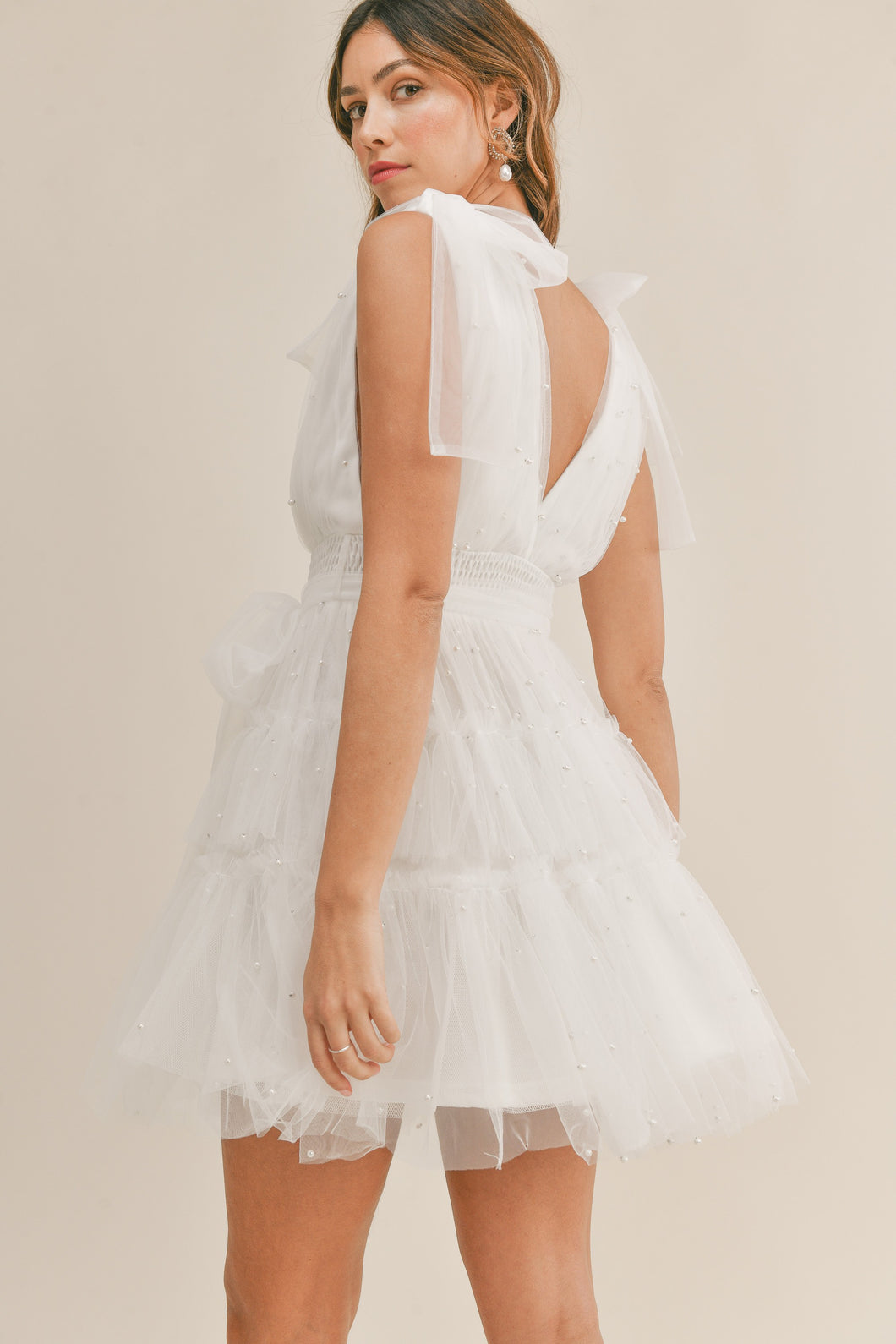 Kara White Pearl Tulle Mini Dress