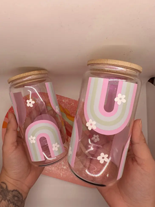 Pastel Rainbow Daisy Glass Can Style Cup