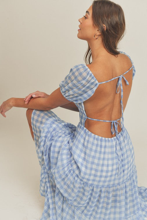 green emerald velvet dress Gingham Plaid Open Tie Back Midi Dress Medium / Amber