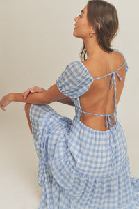 Gingham Plaid Open Tie Back Midi Dress