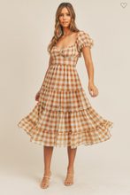 Load image into Gallery viewer, rustic summer fall dress gingham open back midi puff sleeve dress wedding guest party casual