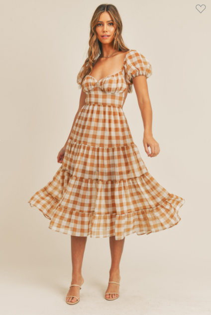 rustic summer fall dress gingham open back midi puff sleeve dress wedding guest party casual
