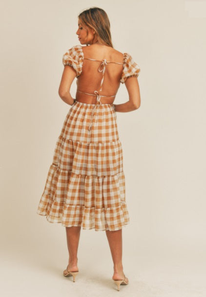 Gingham Plaid Open Tie Back Midi Dress Medium / Amber Gingham Plaid Open Tie Back Midi Dress Medium / Amber