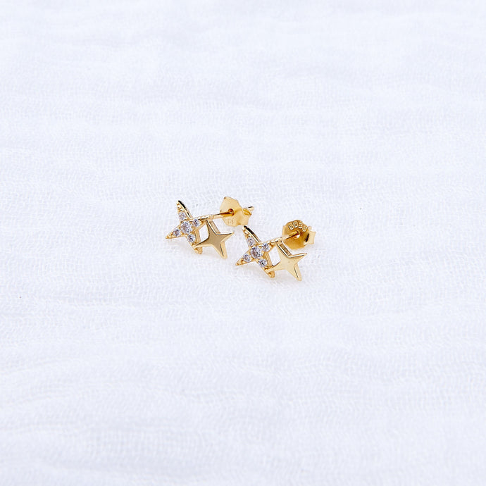 Yellow Gold Plated Sterling Silver Sparkling Star Stud Earrings